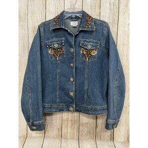 Vtg Women Embellished Denim Jean Jacket Sz L Sequin Rhinestones‎ Western Cowgirl